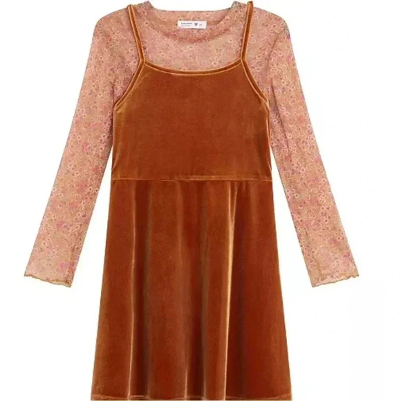 VELVET SLIP DRESS WITH FLORAL PRINTED MESH TOP 2 PIECE SET - Picture 1 of 7